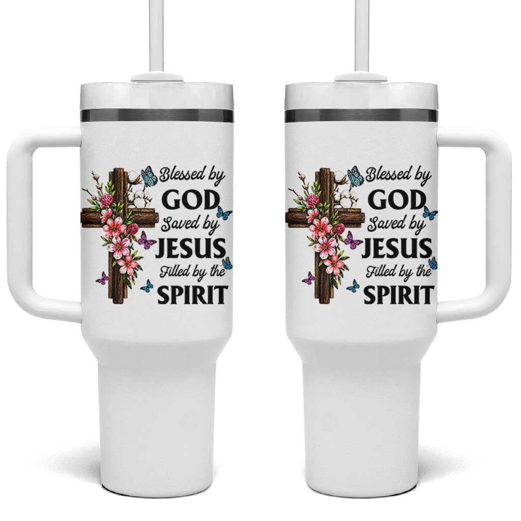 Blessed By God Saved By Jesus Tumbler With Handle Floral Cross Christian Faith Inspirational