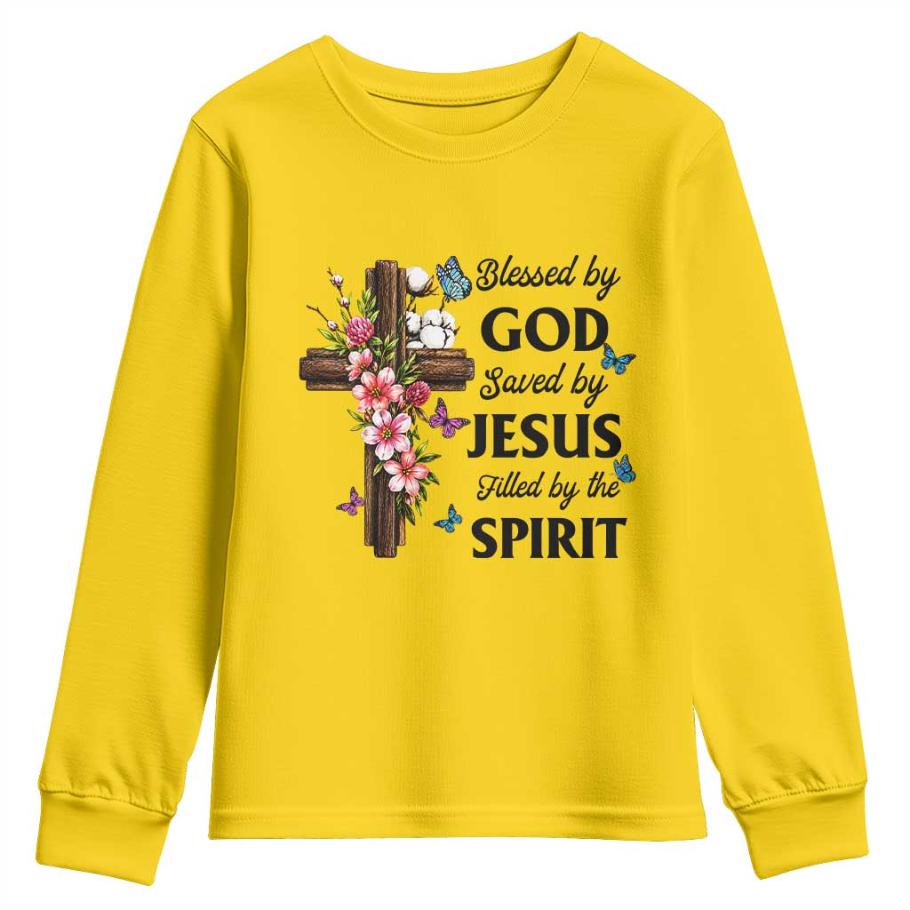 Blessed By God Saved By Jesus Youth Sweatshirt Floral Cross Christian Faith Inspirational