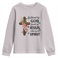 Blessed By God Saved By Jesus Youth Sweatshirt Floral Cross Christian Faith Inspirational