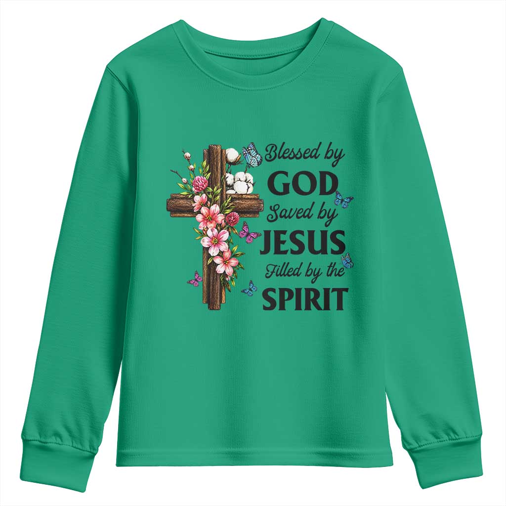 Blessed By God Saved By Jesus Youth Sweatshirt Floral Cross Christian Faith Inspirational