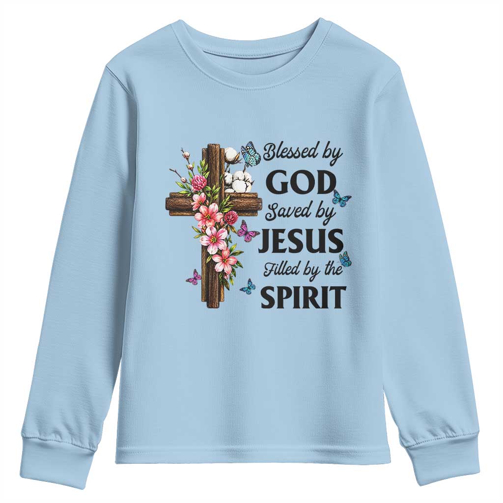 Blessed By God Saved By Jesus Youth Sweatshirt Floral Cross Christian Faith Inspirational