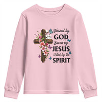 Blessed By God Saved By Jesus Youth Sweatshirt Floral Cross Christian Faith Inspirational