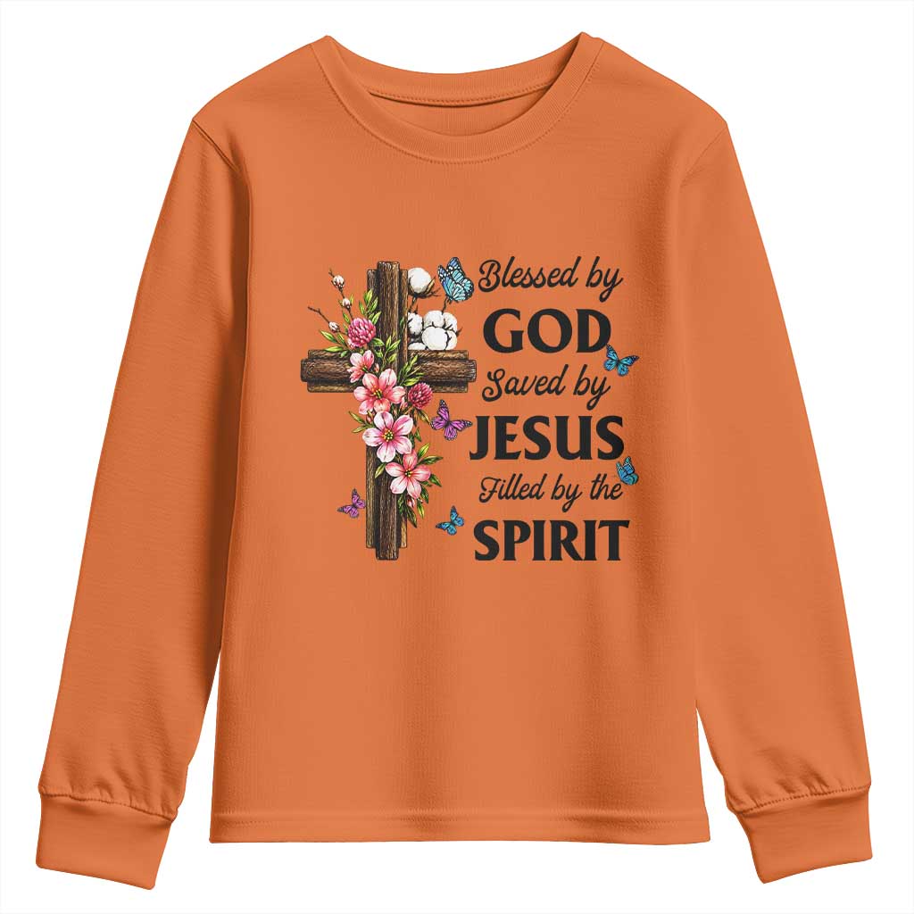 Blessed By God Saved By Jesus Youth Sweatshirt Floral Cross Christian Faith Inspirational
