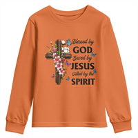 Blessed By God Saved By Jesus Youth Sweatshirt Floral Cross Christian Faith Inspirational