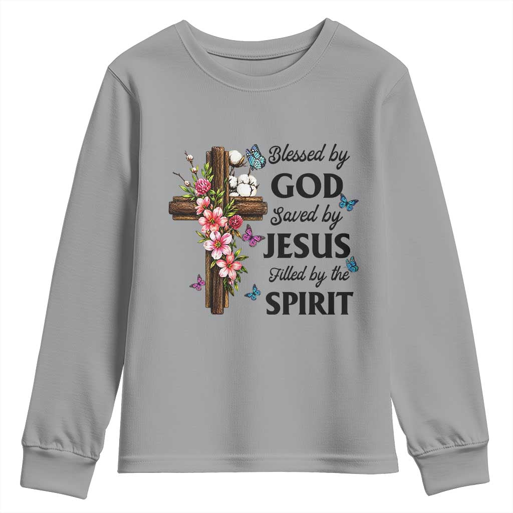 Blessed By God Saved By Jesus Youth Sweatshirt Floral Cross Christian Faith Inspirational