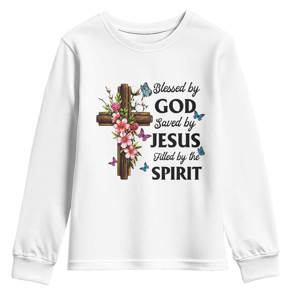 Blessed By God Saved By Jesus Youth Sweatshirt Floral Cross Christian Faith Inspirational