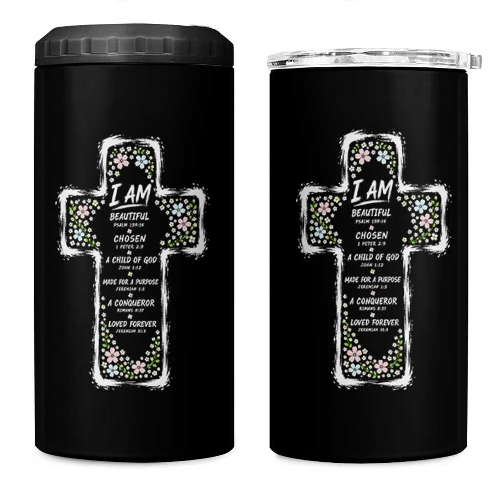 Christian Floral Cross Affirmation 4 in 1 Can Cooler Tumbler Bible Verse Inspirational Faith Girl Christening Floral