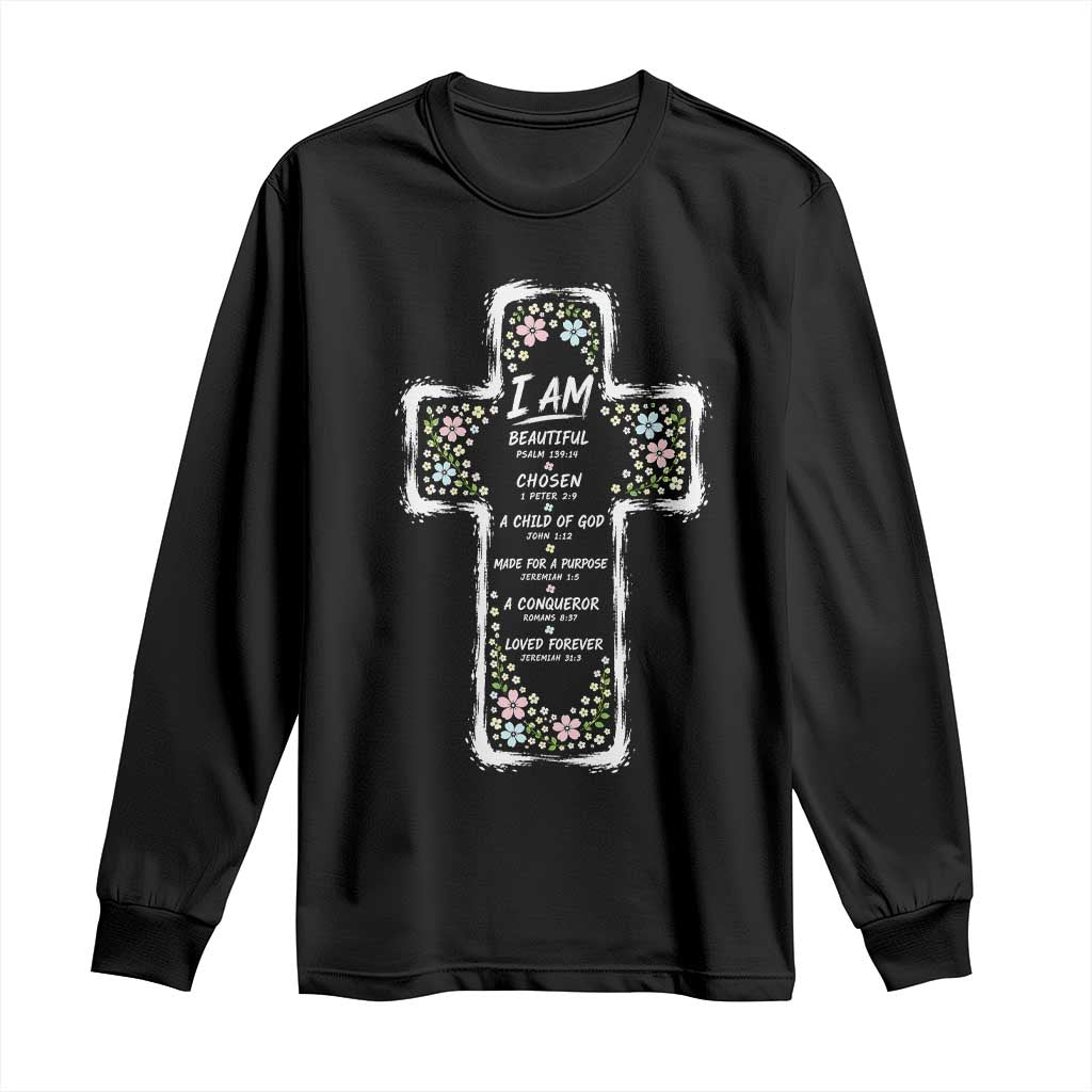 Christian Floral Cross Affirmation Long Sleeve Shirt Bible Verse Inspirational Faith Girl Christening Floral