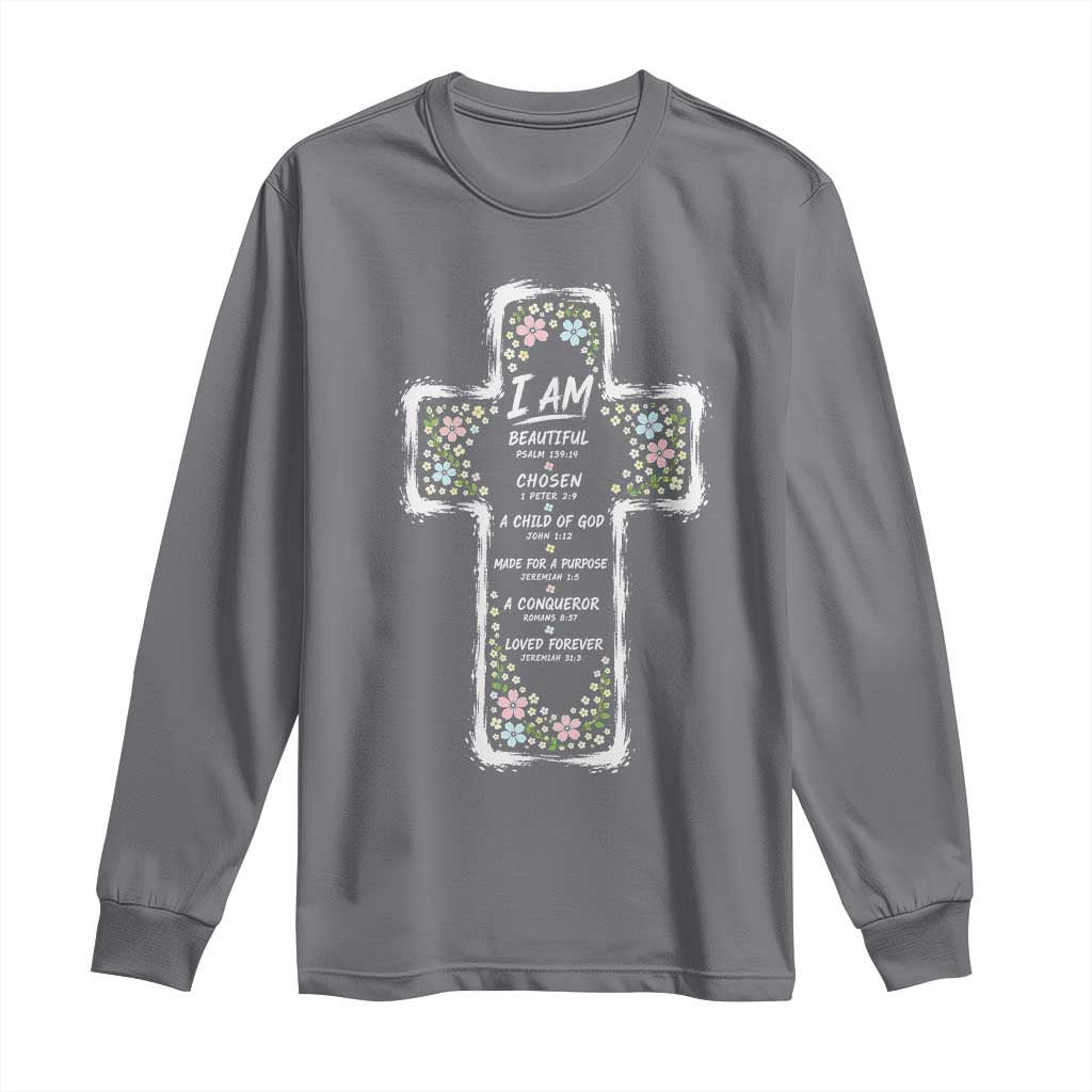 Christian Floral Cross Affirmation Long Sleeve Shirt Bible Verse Inspirational Faith Girl Christening Floral