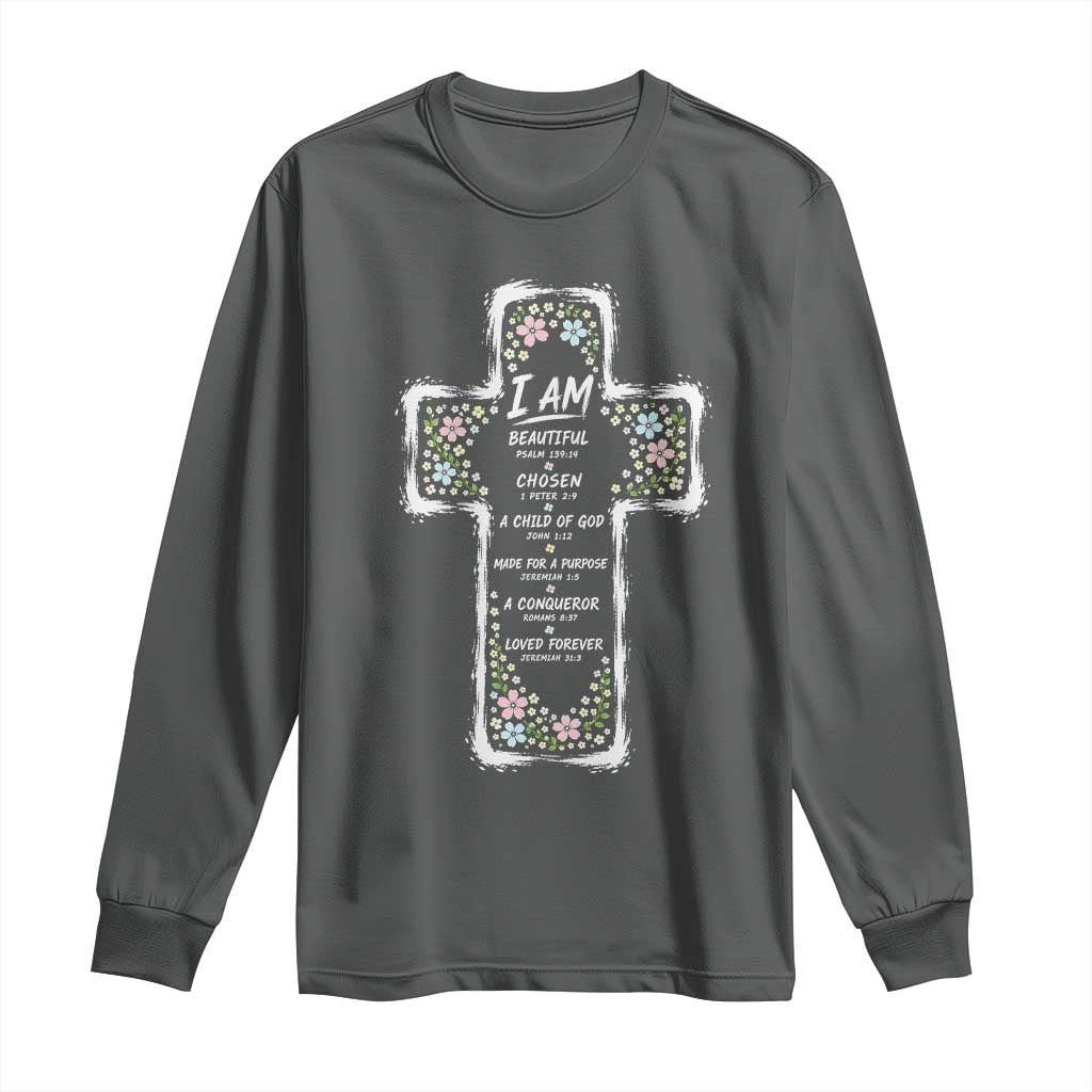 Christian Floral Cross Affirmation Long Sleeve Shirt Bible Verse Inspirational Faith Girl Christening Floral