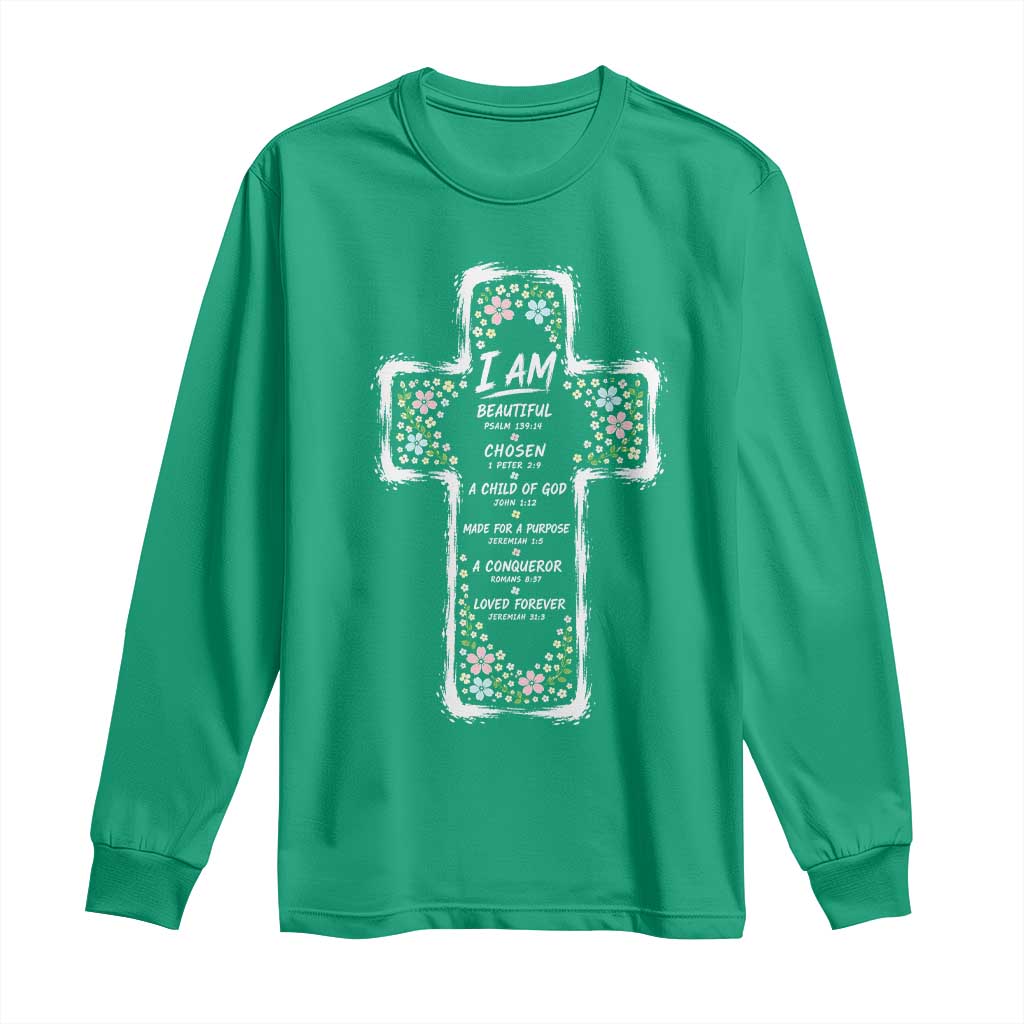 Christian Floral Cross Affirmation Long Sleeve Shirt Bible Verse Inspirational Faith Girl Christening Floral