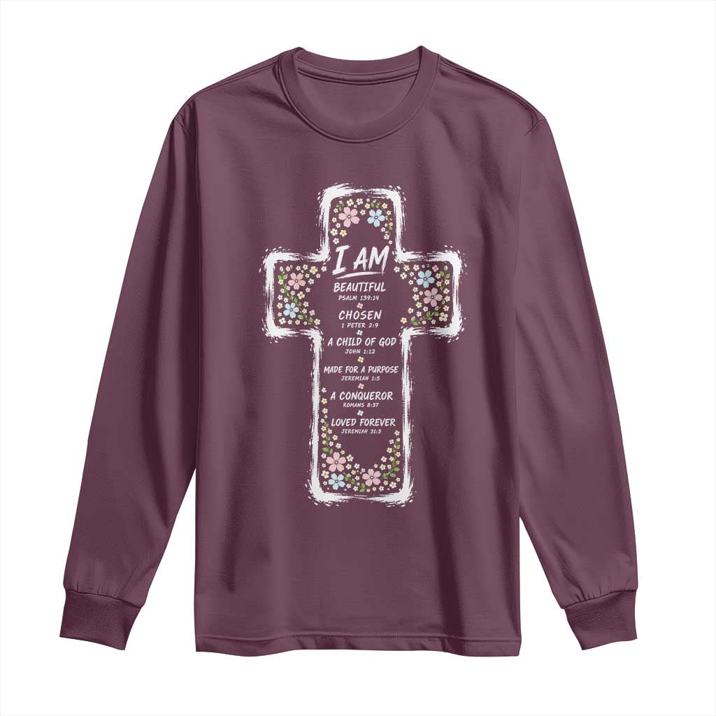 Christian Floral Cross Affirmation Long Sleeve Shirt Bible Verse Inspirational Faith Girl Christening Floral