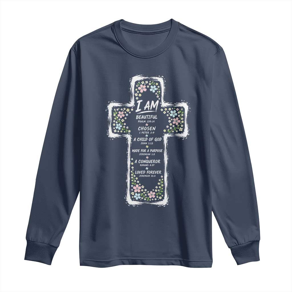 Christian Floral Cross Affirmation Long Sleeve Shirt Bible Verse Inspirational Faith Girl Christening Floral