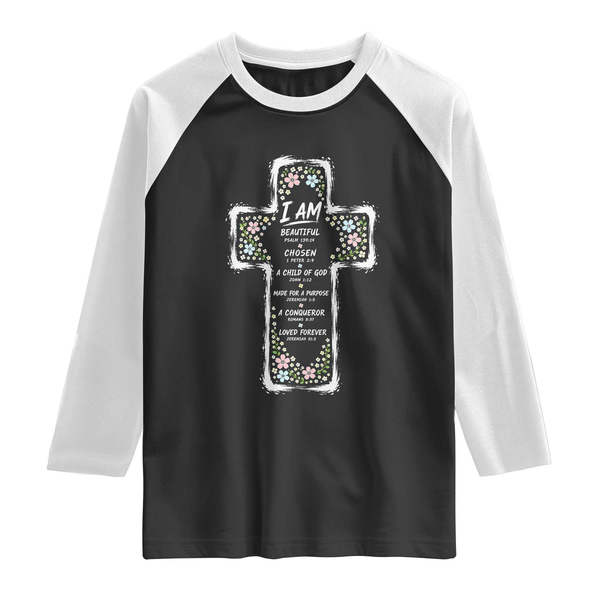 Christian Floral Cross Affirmation Raglan Shirt Bible Verse Inspirational Faith Girl Christening Floral