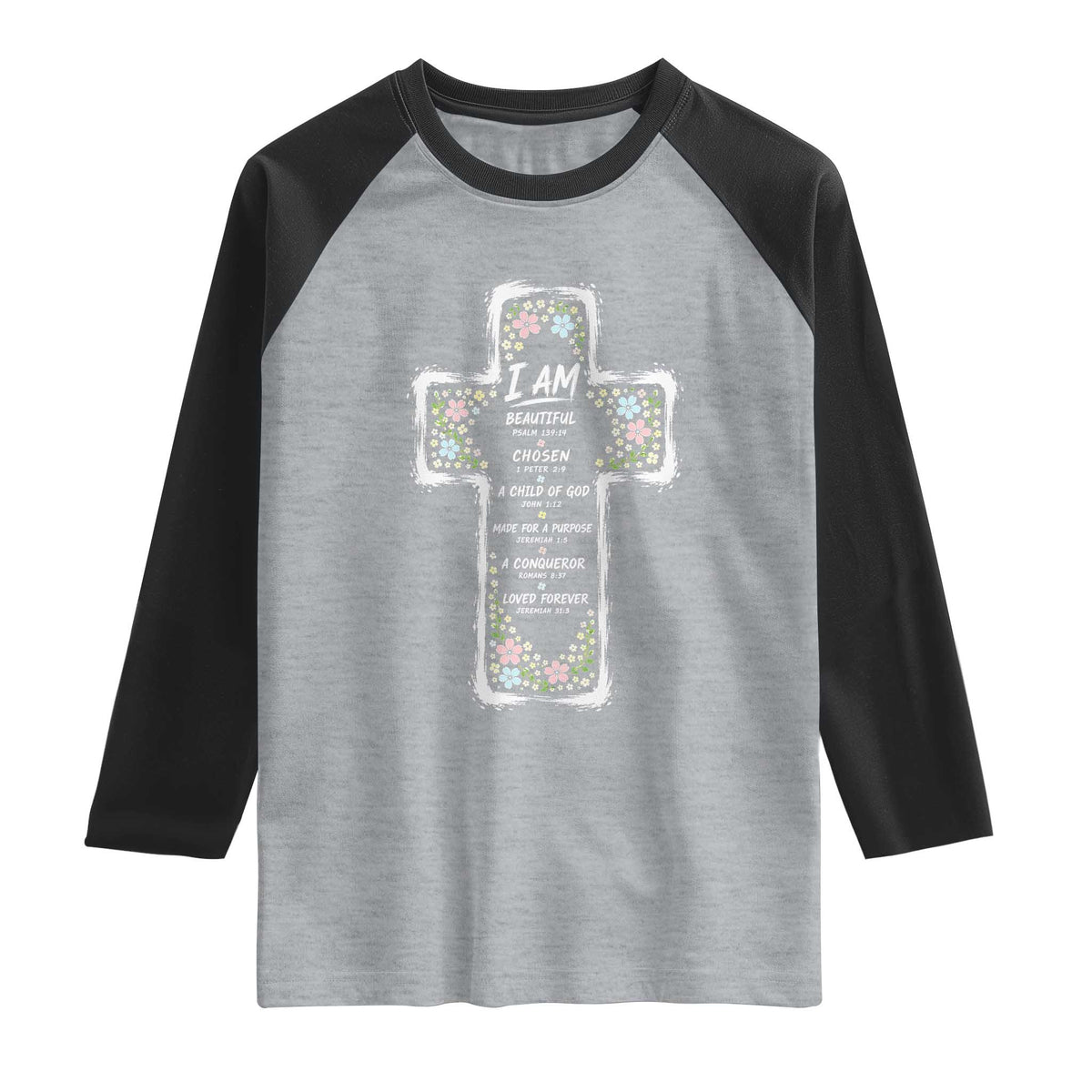 Christian Floral Cross Affirmation Raglan Shirt Bible Verse Inspirational Faith Girl Christening Floral