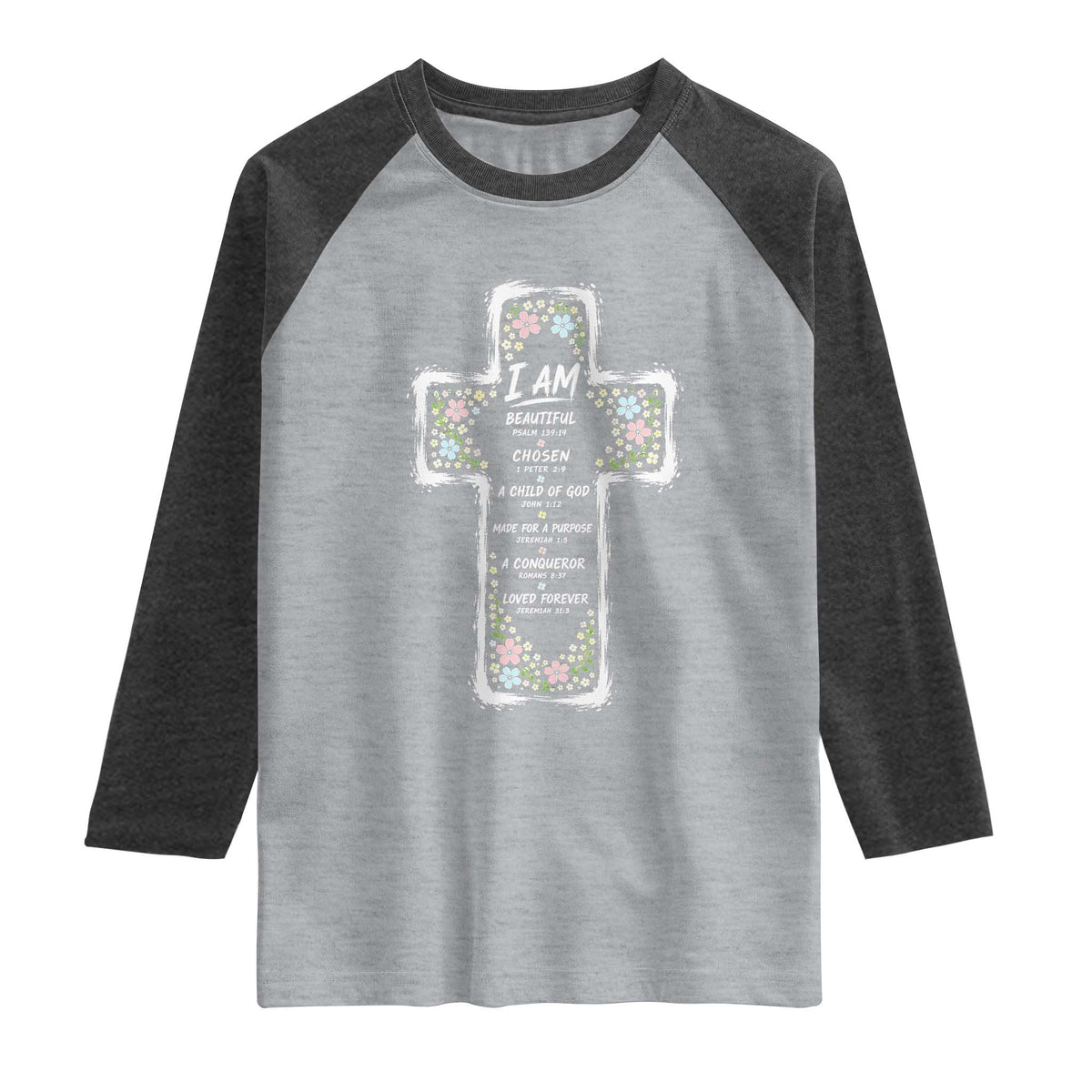 Christian Floral Cross Affirmation Raglan Shirt Bible Verse Inspirational Faith Girl Christening Floral