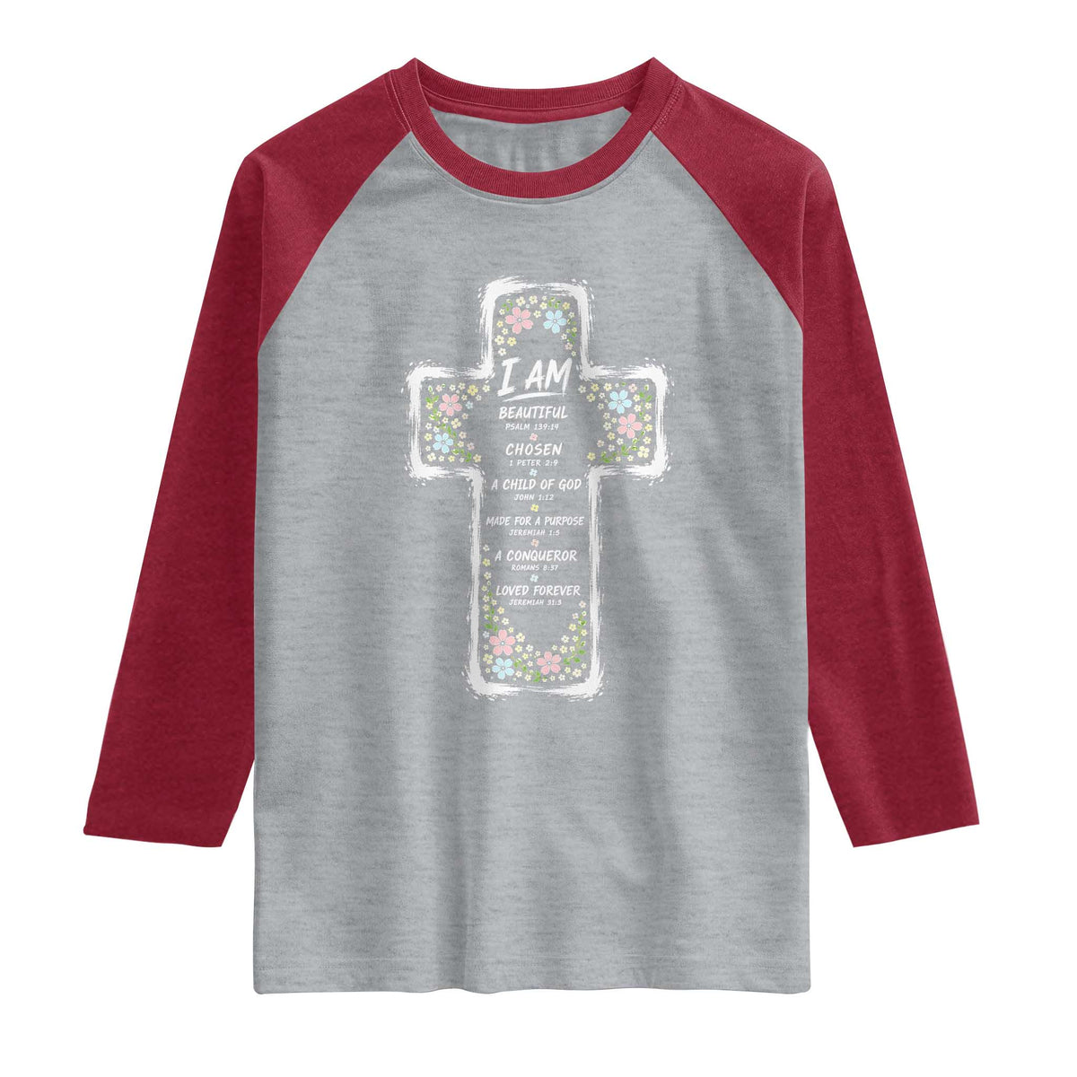 Christian Floral Cross Affirmation Raglan Shirt Bible Verse Inspirational Faith Girl Christening Floral