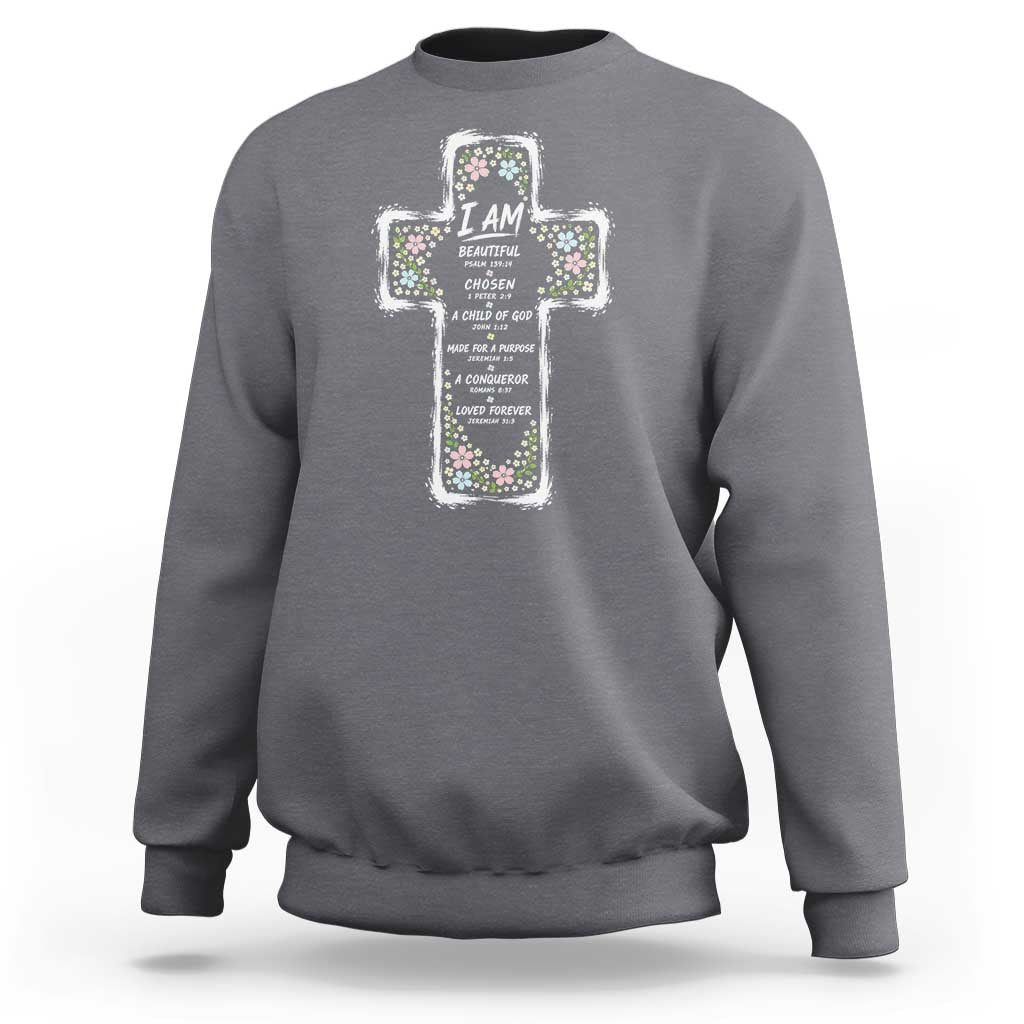 Christian Floral Cross Affirmation Sweatshirt Bible Verse Inspirational Faith Girl Christening Floral