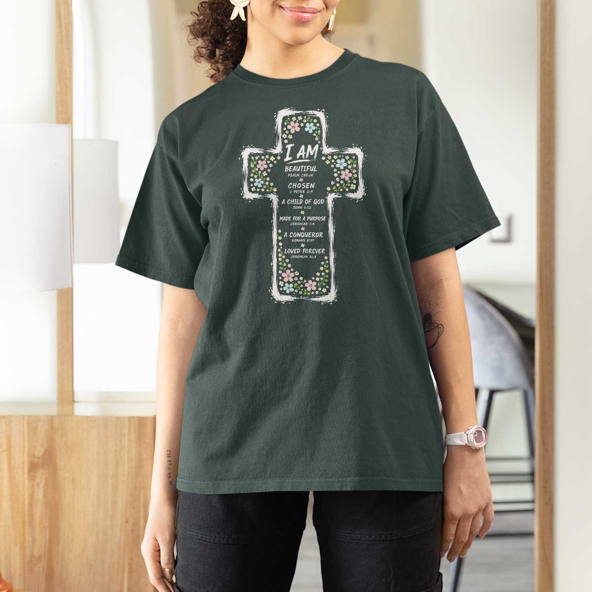 Christian Floral Cross Affirmation T Shirt For Women Bible Verse Inspirational Faith Girl Christening Floral