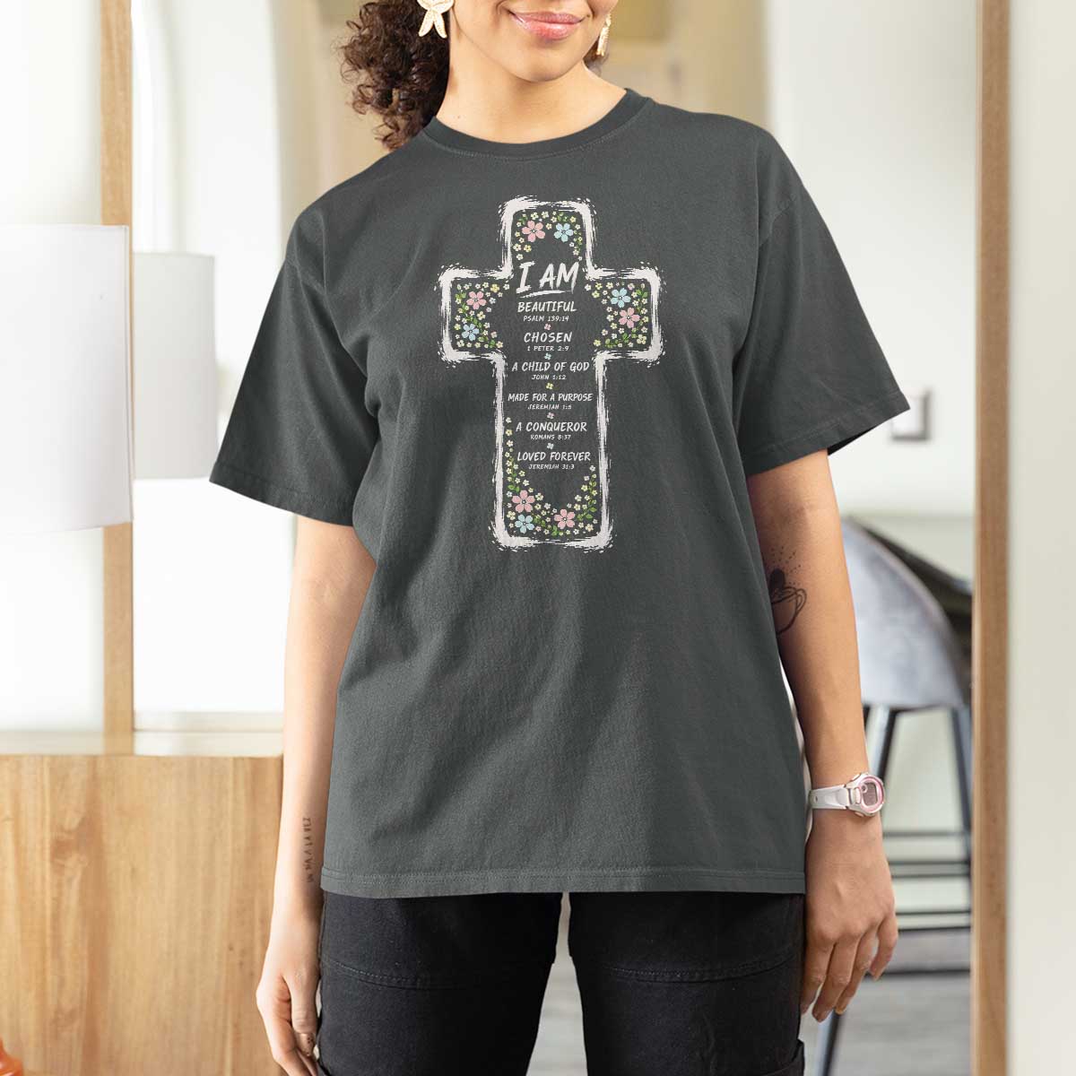Christian Floral Cross Affirmation T Shirt For Women Bible Verse Inspirational Faith Girl Christening Floral