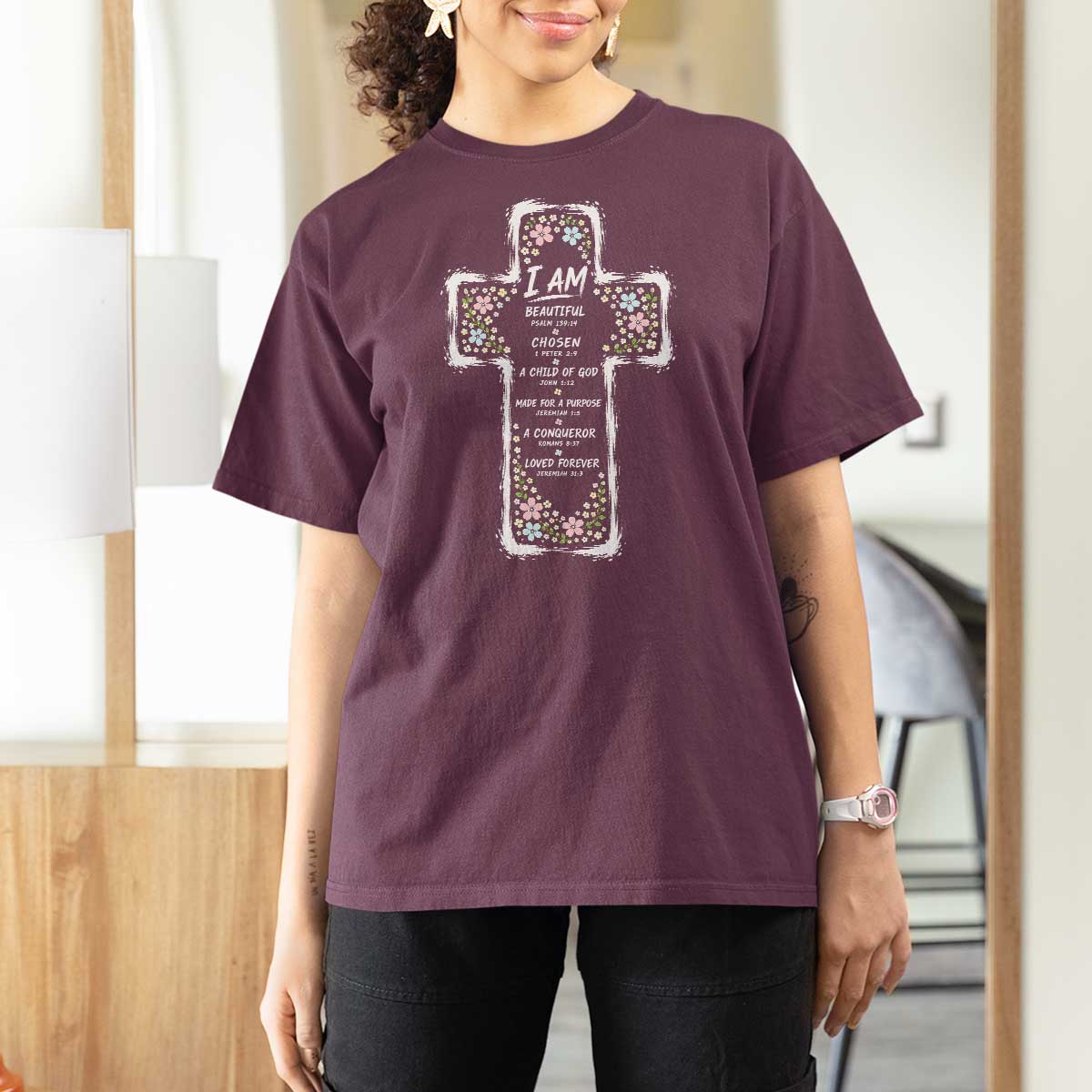 Christian Floral Cross Affirmation T Shirt For Women Bible Verse Inspirational Faith Girl Christening Floral