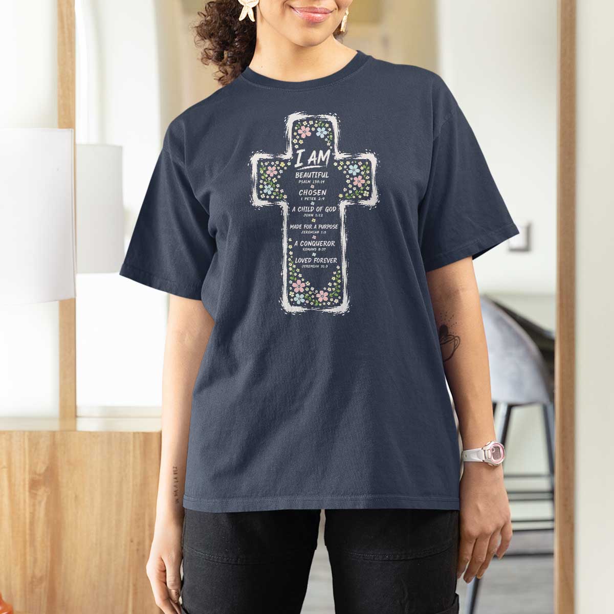 Christian Floral Cross Affirmation T Shirt For Women Bible Verse Inspirational Faith Girl Christening Floral