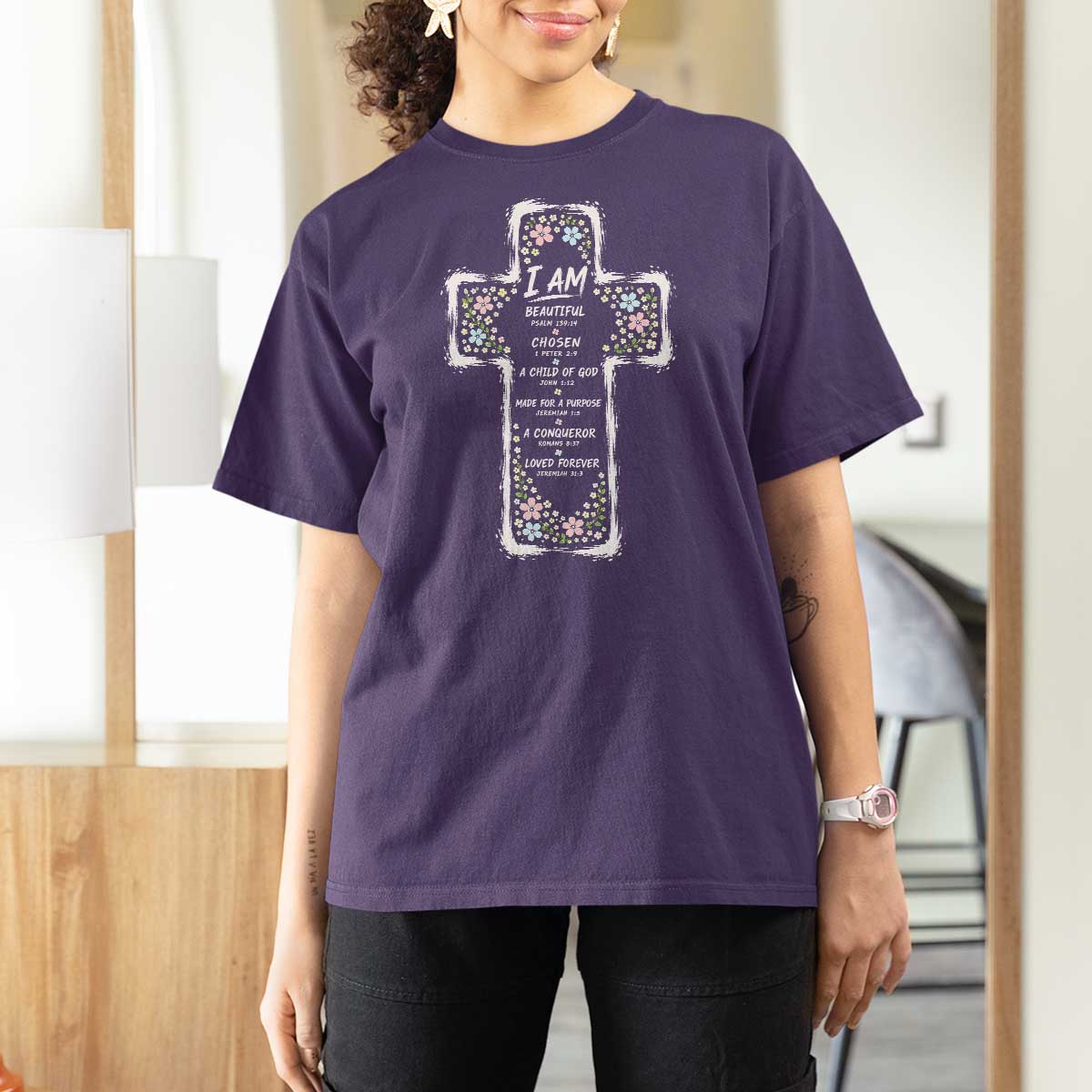 Christian Floral Cross Affirmation T Shirt For Women Bible Verse Inspirational Faith Girl Christening Floral