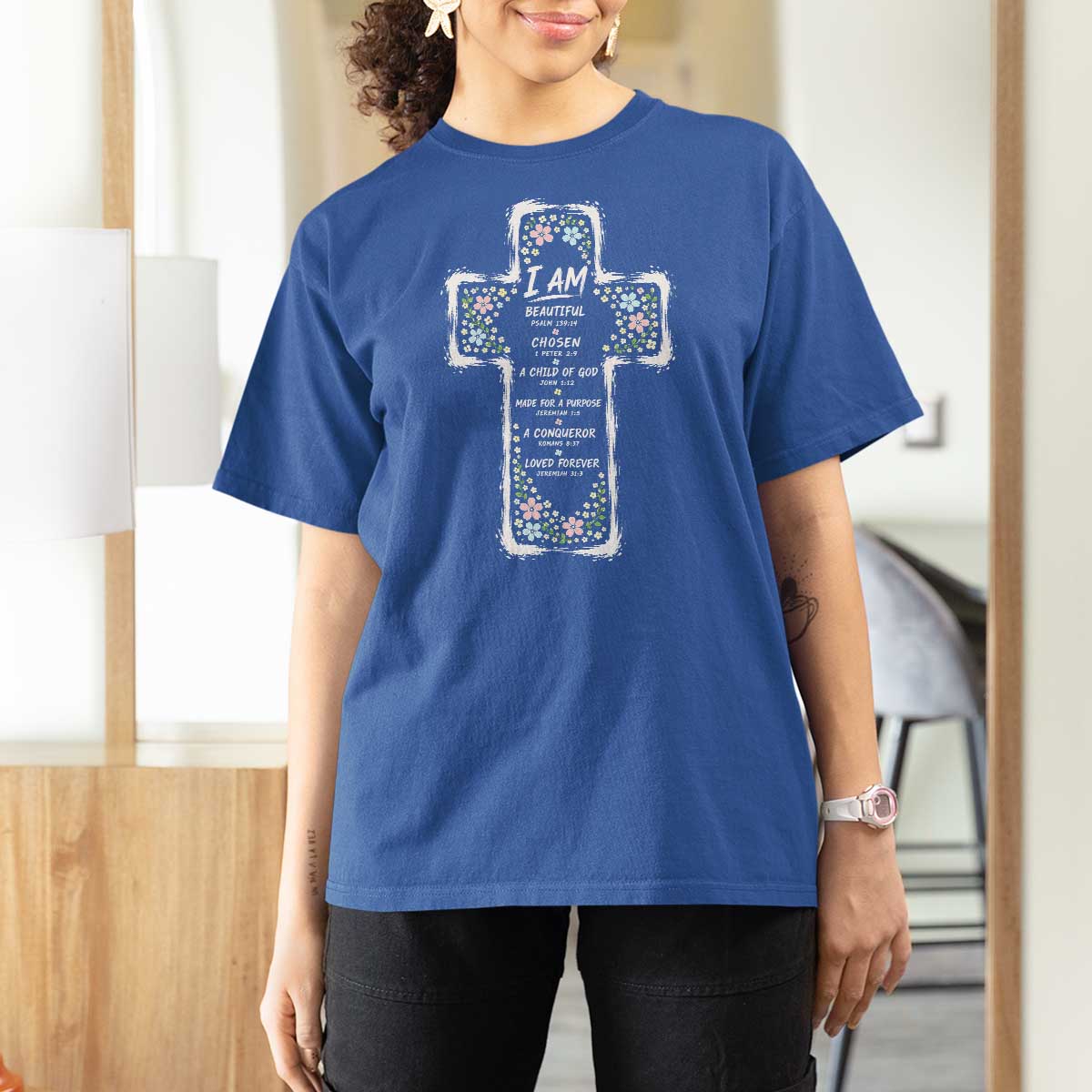 Christian Floral Cross Affirmation T Shirt For Women Bible Verse Inspirational Faith Girl Christening Floral