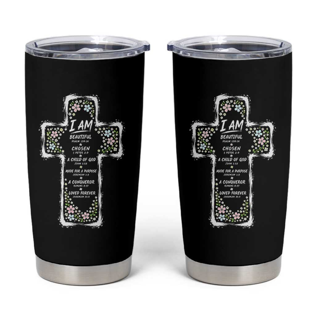 Christian Floral Cross Affirmation Tumbler Cup Bible Verse Inspirational Faith Girl Christening Floral