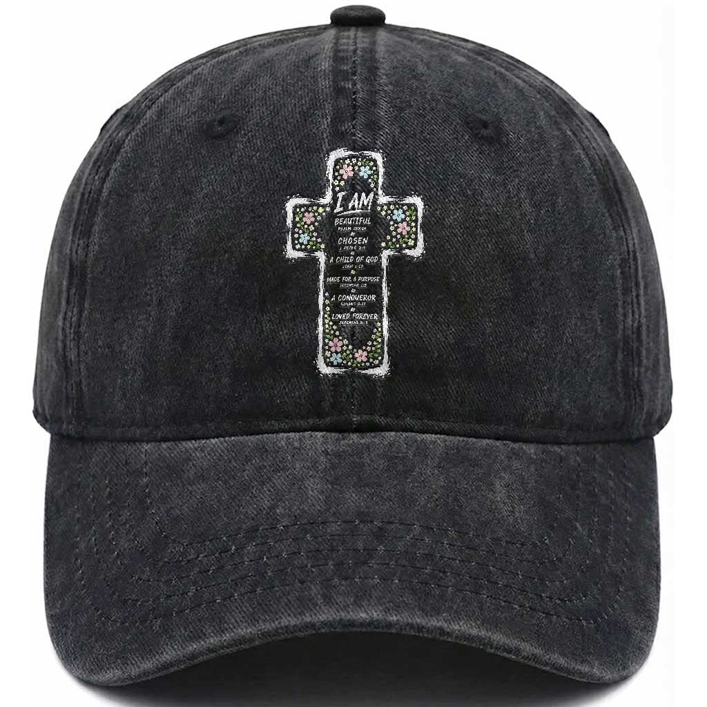 Christian Floral Cross Affirmation Washed Cotton Baseball Cap Bible Verse Inspirational Faith Girl Christening Floral