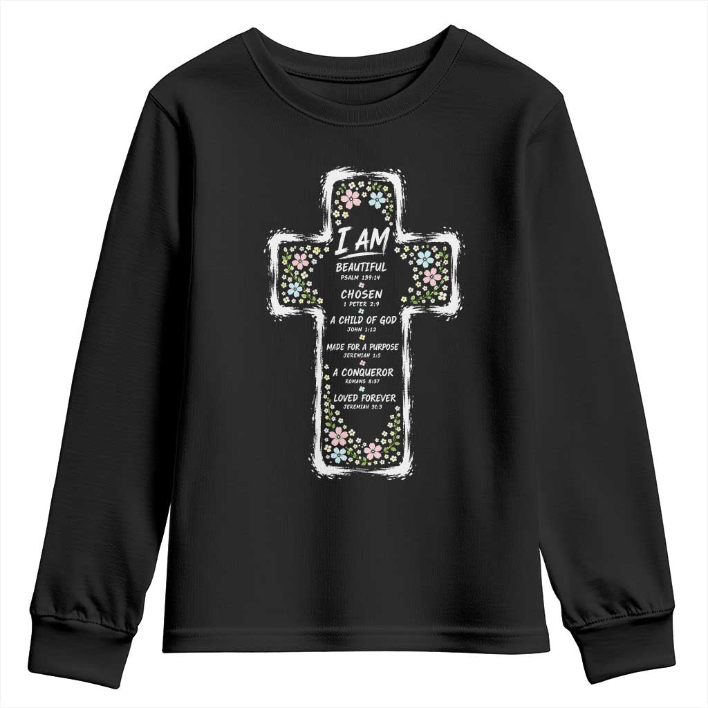 Christian Floral Cross Affirmation Youth Sweatshirt Bible Verse Inspirational Faith Girl Christening Floral