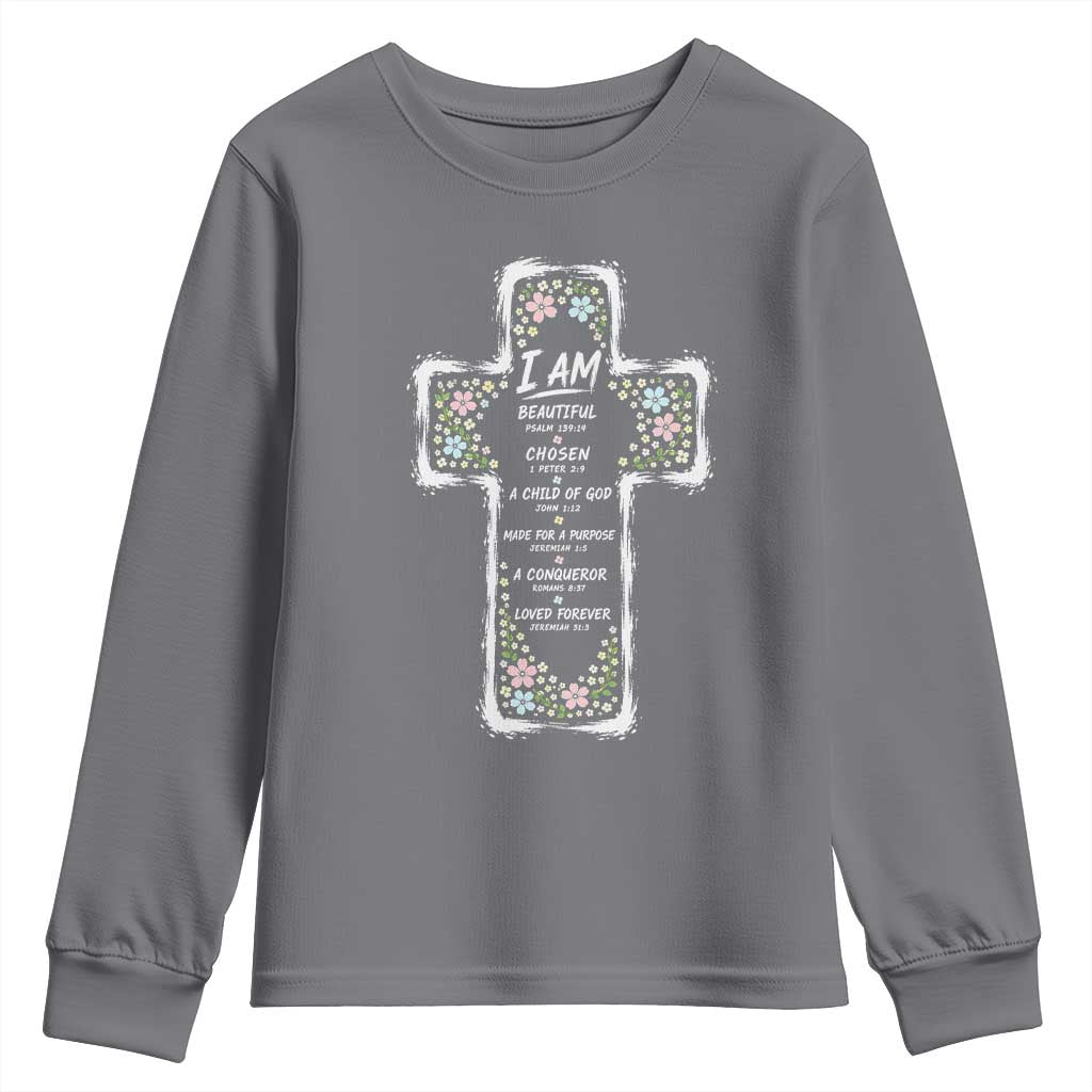 Christian Floral Cross Affirmation Youth Sweatshirt Bible Verse Inspirational Faith Girl Christening Floral