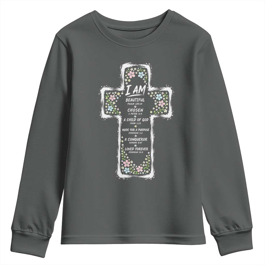 Christian Floral Cross Affirmation Youth Sweatshirt Bible Verse Inspirational Faith Girl Christening Floral