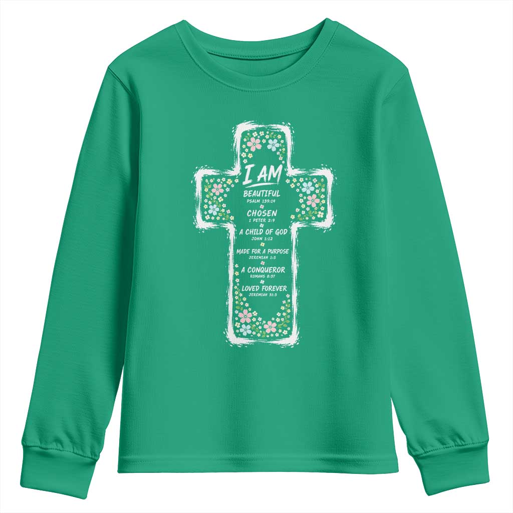 Christian Floral Cross Affirmation Youth Sweatshirt Bible Verse Inspirational Faith Girl Christening Floral