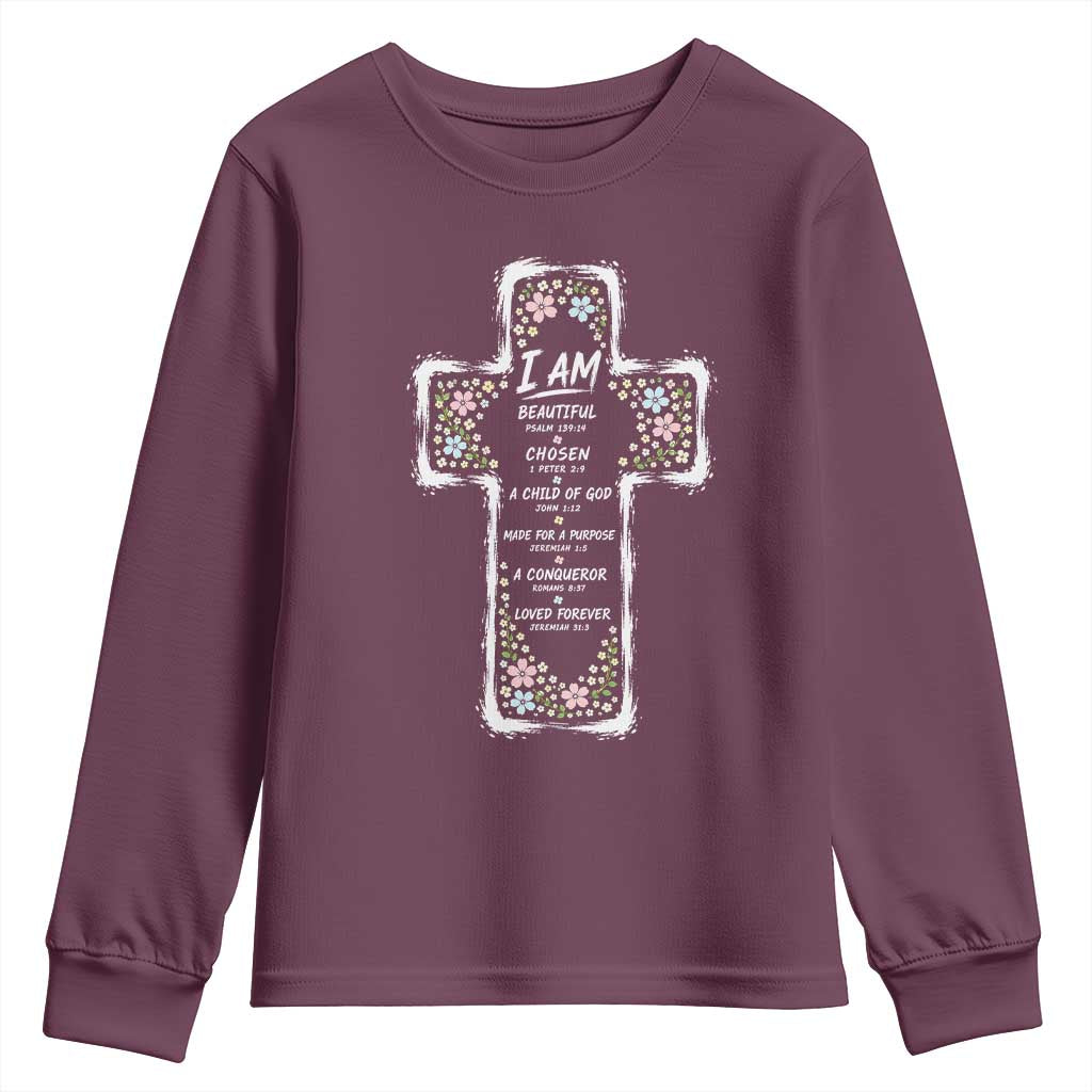 Christian Floral Cross Affirmation Youth Sweatshirt Bible Verse Inspirational Faith Girl Christening Floral