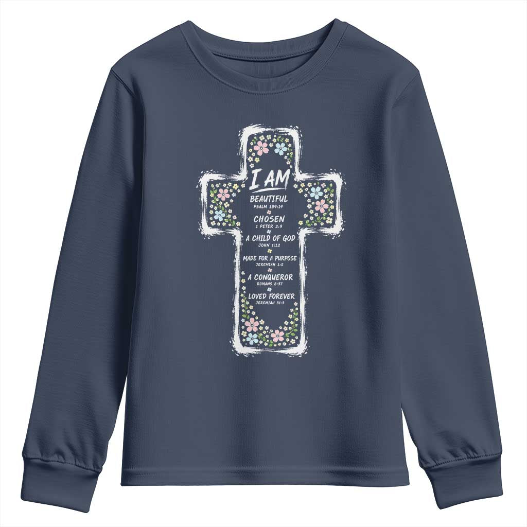 Christian Floral Cross Affirmation Youth Sweatshirt Bible Verse Inspirational Faith Girl Christening Floral