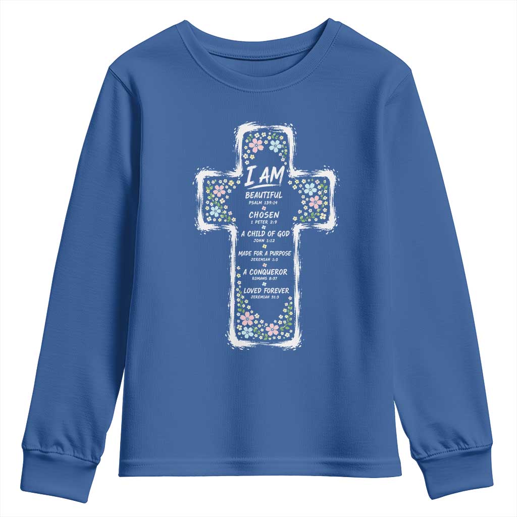 Christian Floral Cross Affirmation Youth Sweatshirt Bible Verse Inspirational Faith Girl Christening Floral