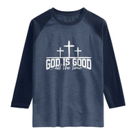 God Is Good Raglan Shirt Jesus Cross Minimal Religious Faith Bible Verse Inspirational