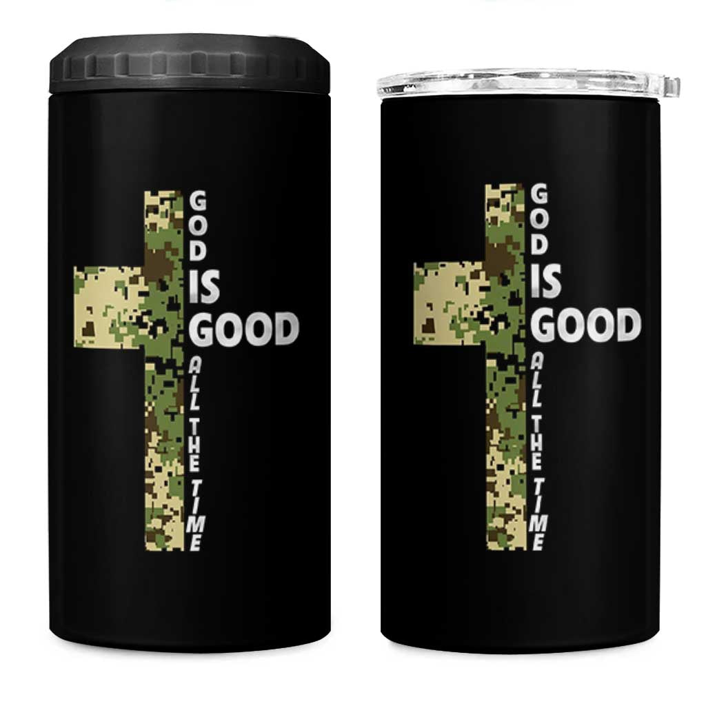 God Is Good 4 in 1 Can Cooler Tumbler Camo Cross Religious Jesus Faith Bible Verse Inspirational