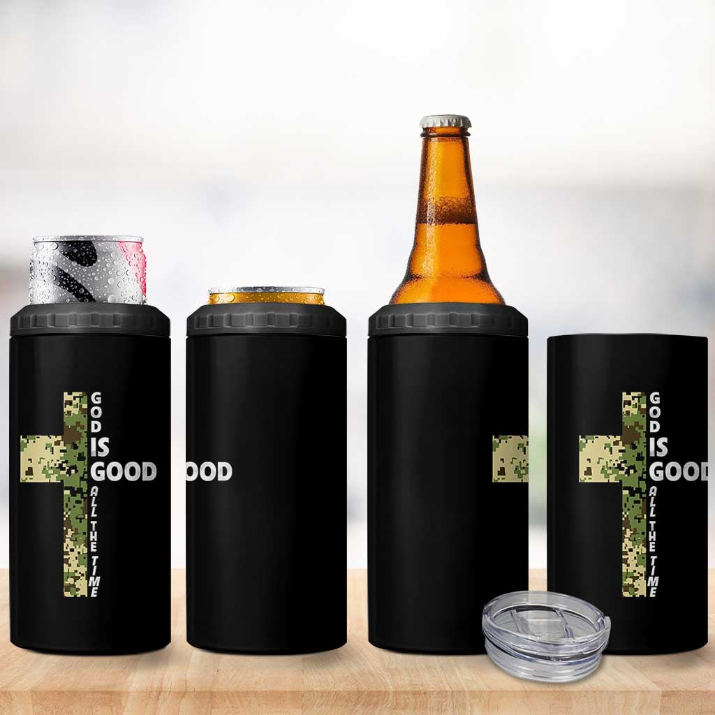 God Is Good 4 in 1 Can Cooler Tumbler Camo Cross Religious Jesus Faith Bible Verse Inspirational