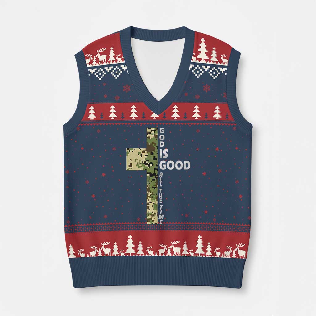 God Is Good V-Neck Knit Sweater Vest Camo Cross Religious Jesus Faith Bible Verse Inspirational