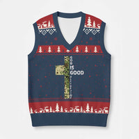God Is Good V-Neck Knit Sweater Vest Camo Cross Religious Jesus Faith Bible Verse Inspirational