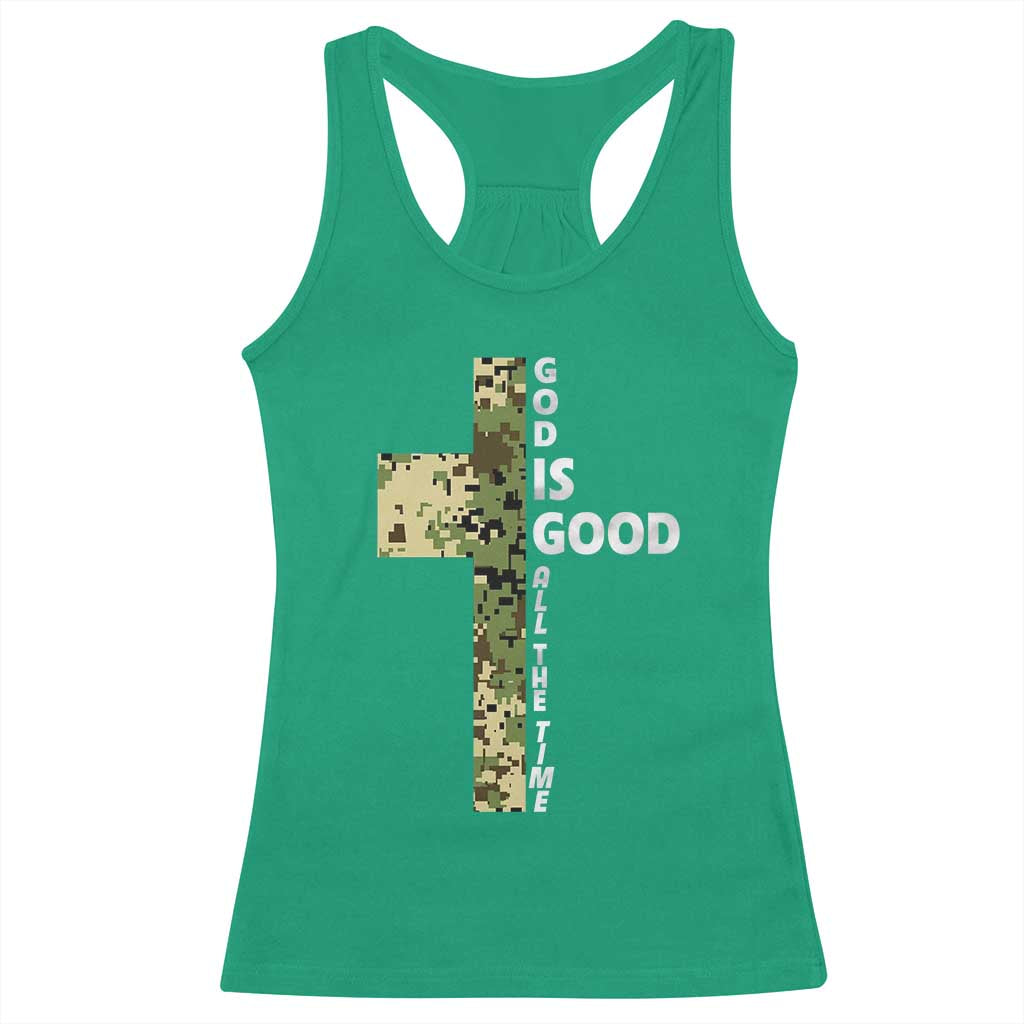 God Is Good Racerback Tank Top Camo Cross Religious Jesus Faith Bible Verse Inspirational