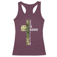 God Is Good Racerback Tank Top Camo Cross Religious Jesus Faith Bible Verse Inspirational