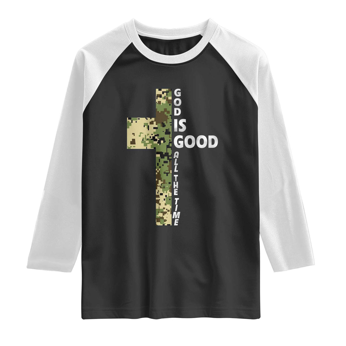God Is Good Raglan Shirt Camo Cross Religious Jesus Faith Bible Verse Inspirational