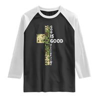 God Is Good Raglan Shirt Camo Cross Religious Jesus Faith Bible Verse Inspirational