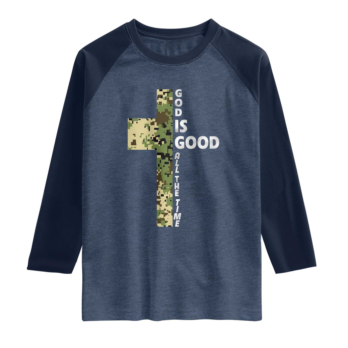 God Is Good Raglan Shirt Camo Cross Religious Jesus Faith Bible Verse Inspirational