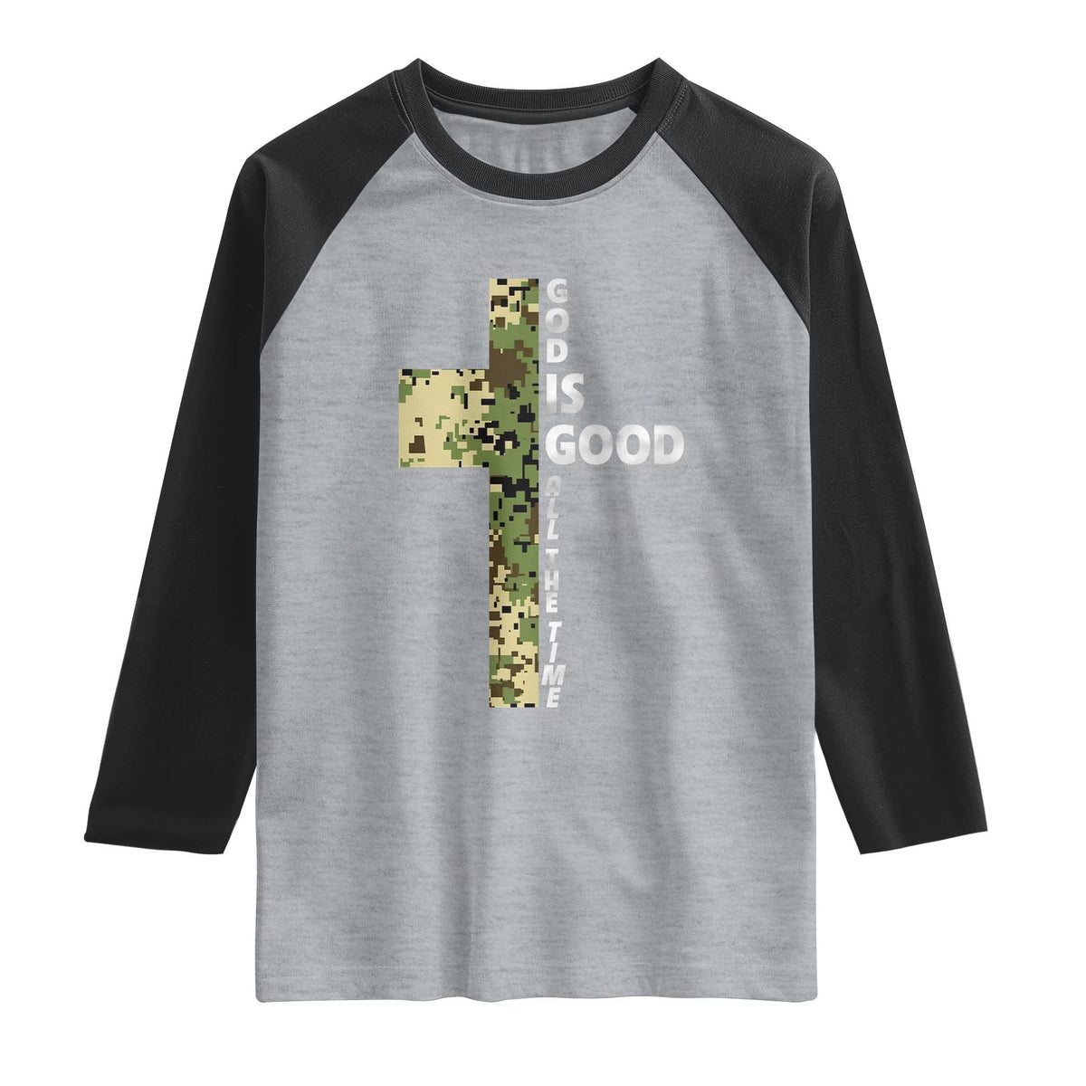 God Is Good Raglan Shirt Camo Cross Religious Jesus Faith Bible Verse Inspirational