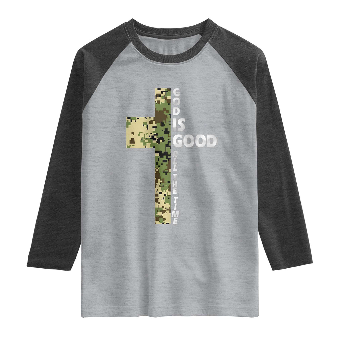 God Is Good Raglan Shirt Camo Cross Religious Jesus Faith Bible Verse Inspirational