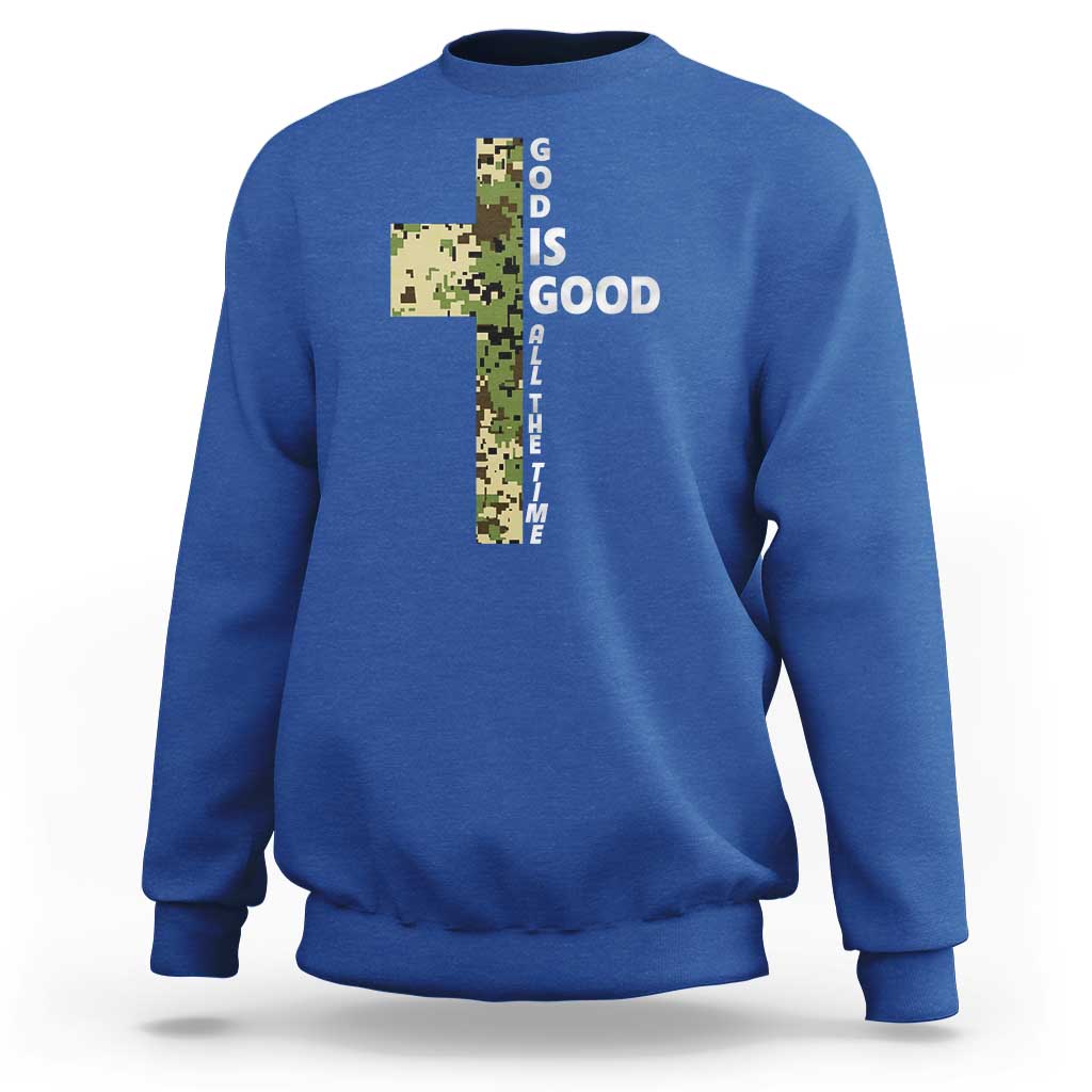 God Is Good Sweatshirt Camo Cross Religious Jesus Faith Bible Verse Inspirational